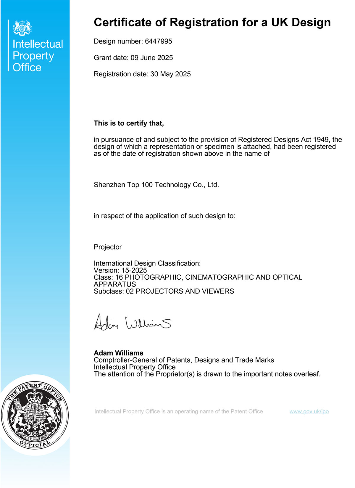 Projector-6447995-英国外观专利证书-1.jpg